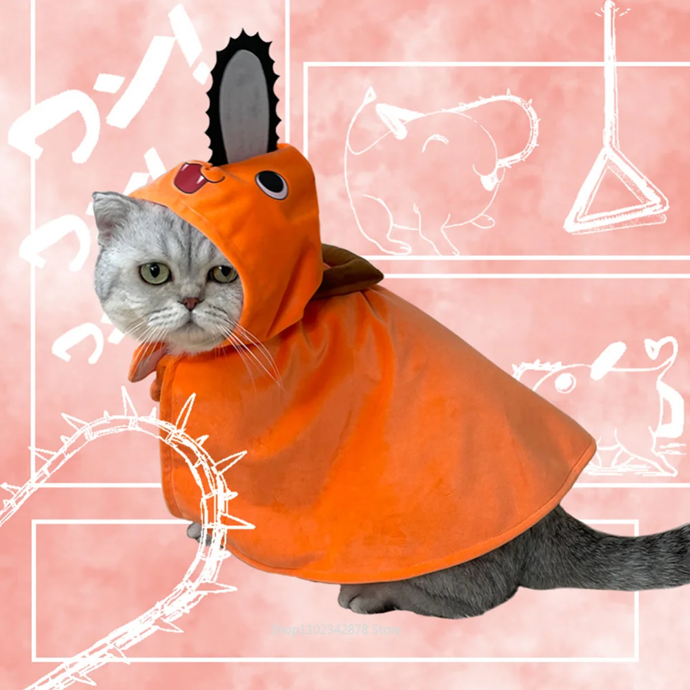 Anime Kettensäge Mann Pochita Haustiere Umhang Cosplay Kostüm für Katze Hund Haustier Hoodie Uniform Tiere niedlichen Haustiere orange Outfits Umhang