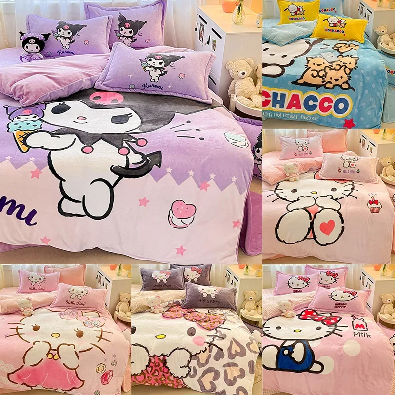 Sanrio Milk Velvet Bedding Set Cute Pachacco Kuromi Cinnamoroll Hello Kitty Winter King Queen Pillowcase Bed Linens Home Textile