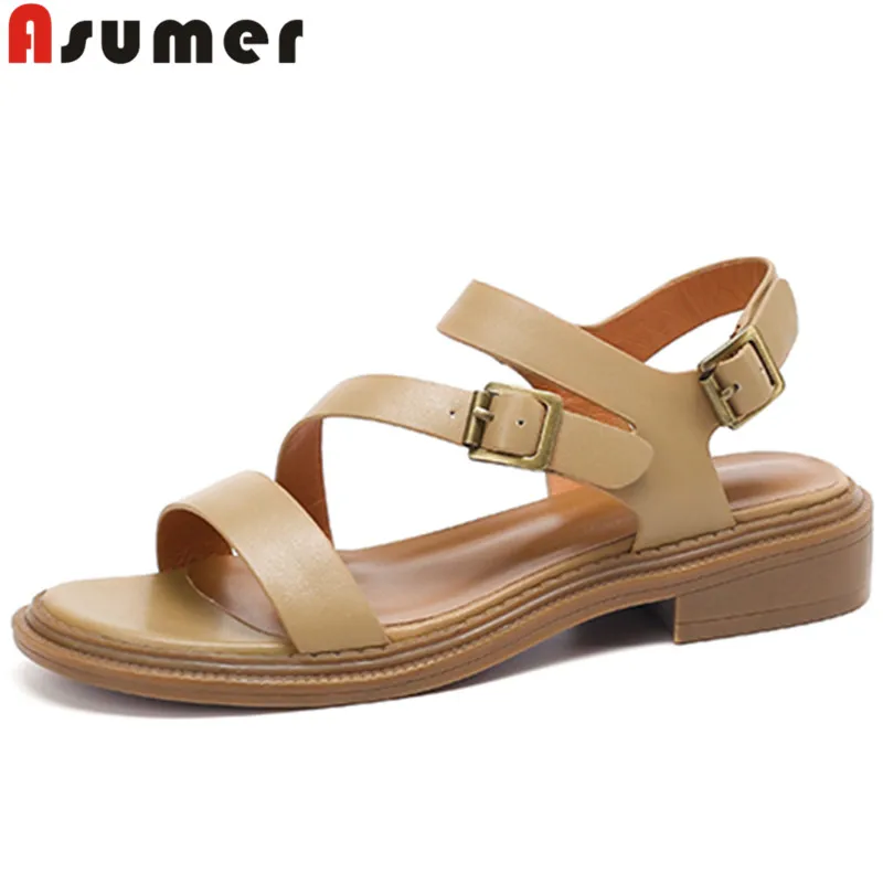 

ASUMER 2022 New Solid Genuine Leather Women Sandals Square Med Heels Sandals Shallow Ladies Summer Dress Shoes