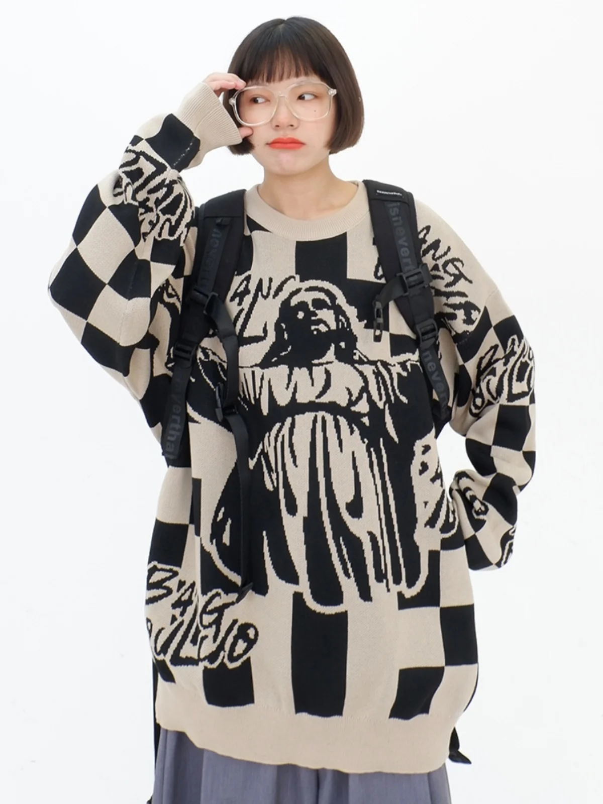 

Vintage Checkerboard Round Neck Sweaters Women's 2023 Autumn/Winter New Loose Fit BF Lazy Style Knit