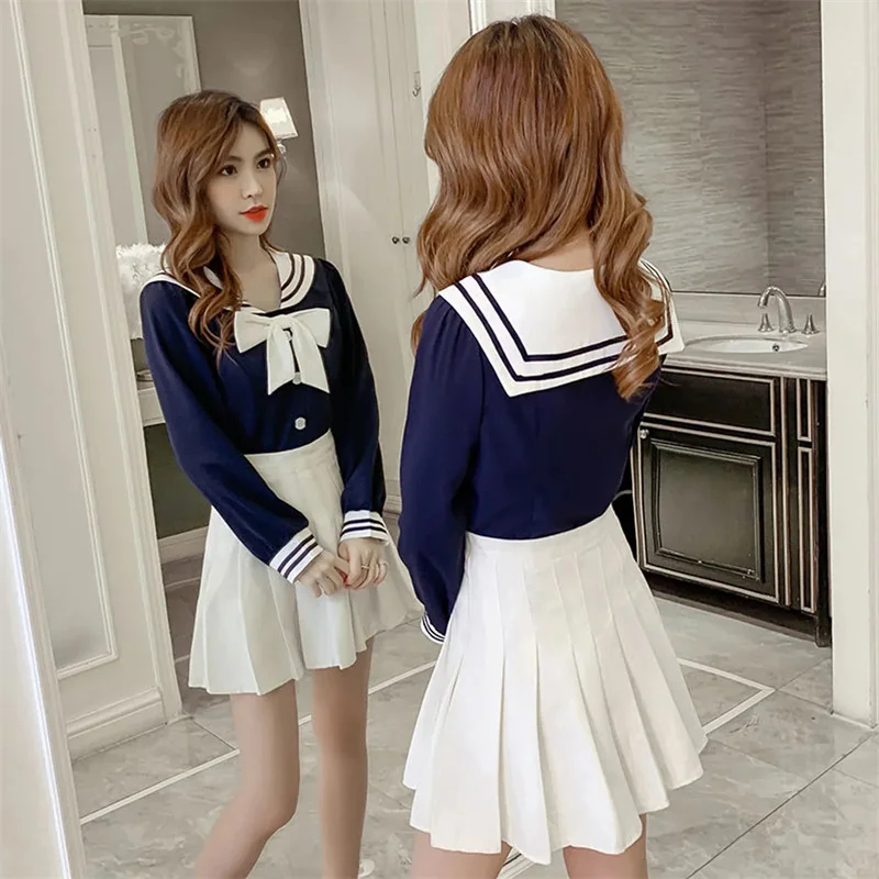 

2023 Summer New Preppy Suit Women Summer Small Design Sense Navy Collar Jk Shirt Clothing Fashion Pleated Skirt Two-piece Set