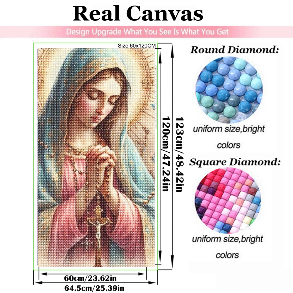 Vollquadratisches rundes Diamant-Malerei-Set, Religion, Kunst, Jungfrau Maria, betende Diamant-Stickerei, handgefertigte Mosaik-Heimdekoration