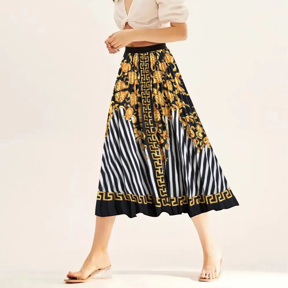 

Nighpha Retro Causal Pleated Skirt Women Summer Print Elastic High Waist Midi Skirt Big Swing Party Holiday Women Skirts