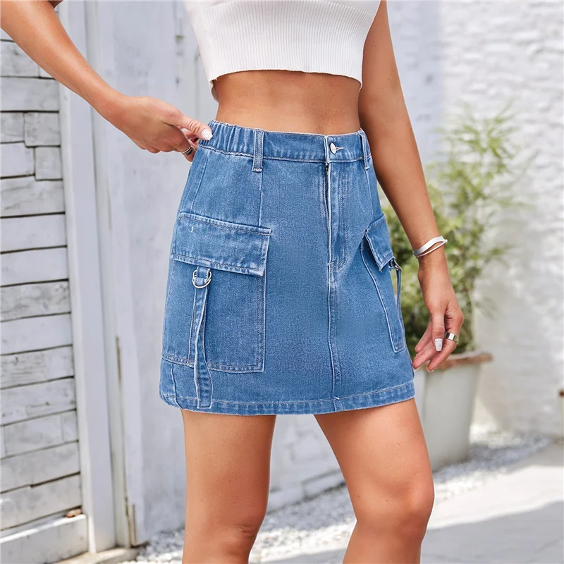 

AOAO-Women Cargo Mini Skirt Denim Jean Dress With Pocket
