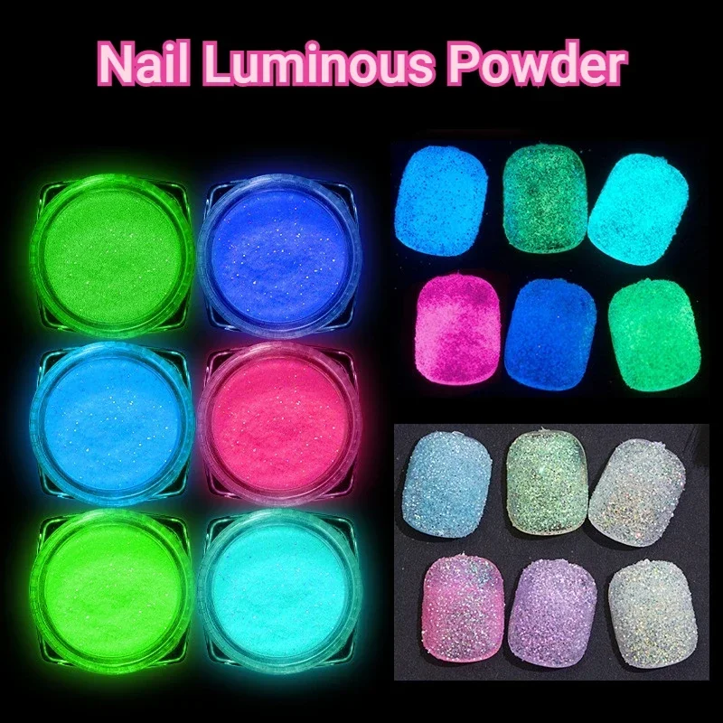 6 colores/juego de herramientas de manicura DIY en polvo de luz nocturna súper brillante para decoración de uñas