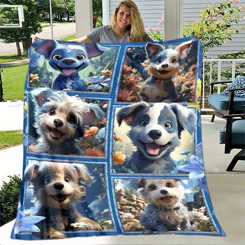 1pc Cozy Cute Dog Blue Border Flower Splice Print Blanket Lightweight Flannel Throw For Sofa, Bed, Livingroom, Office, Couch, Tr