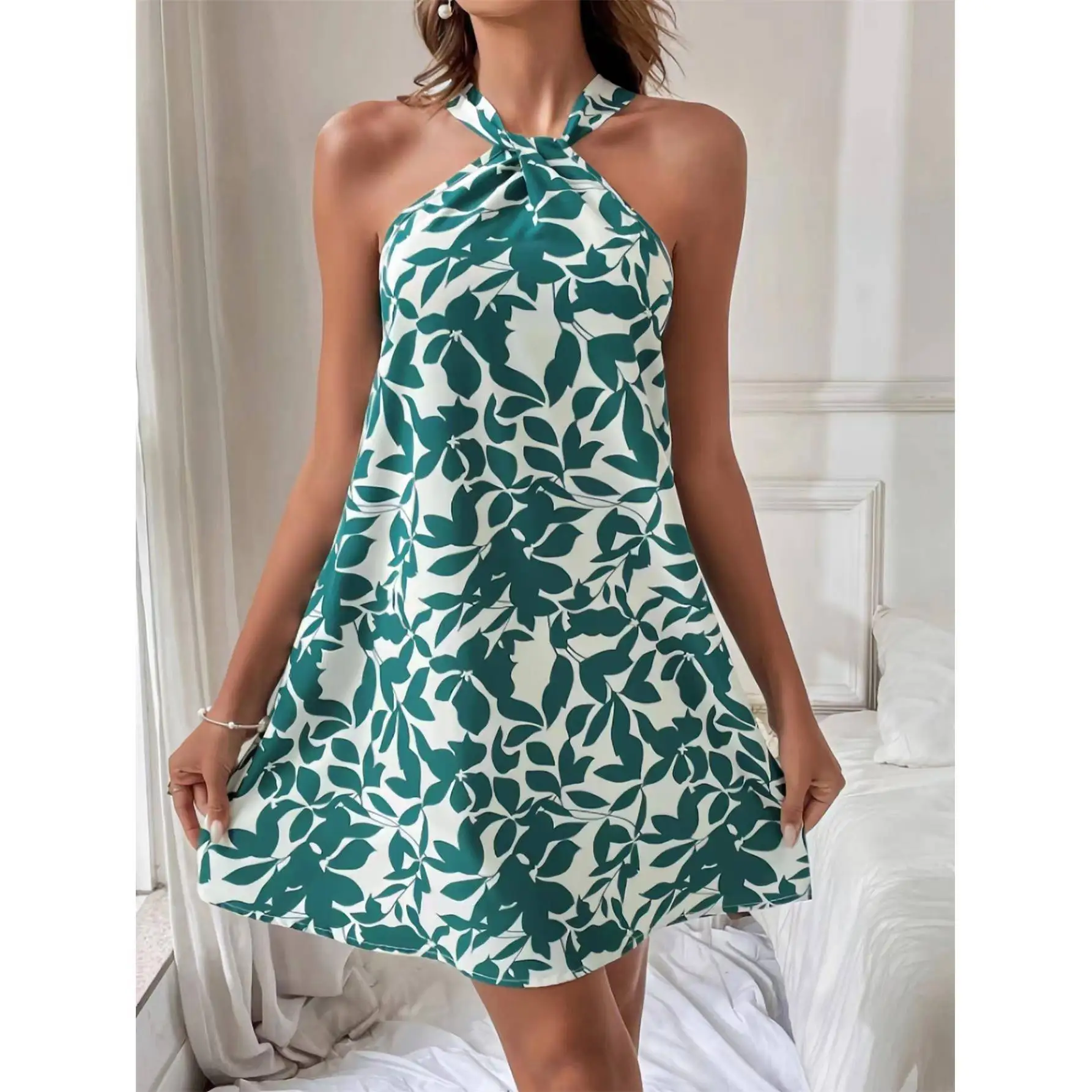 Faionable Summer Le Print Strapl ort Dr Ne Hanging No-Sve Women's Dr Polyester Material A-Line Skirt