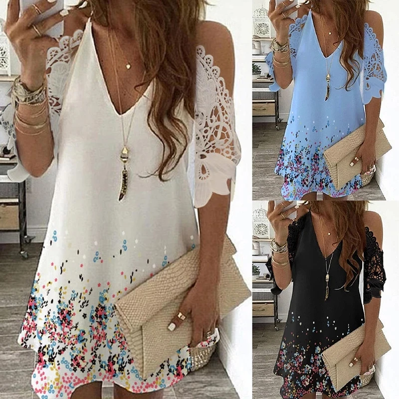 Sexy Off Shoulder Jurk Vrouwen Vintage Bloemenprint Kant Half Mouw Mini Jurken Casual Sling V-hals Boho Beach Party jurken