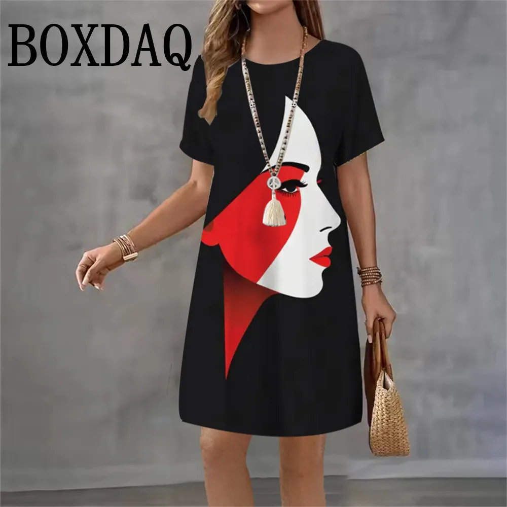 Women Fashion Abstract Hand Face Pattern Printed Dress Summer New 2026 Elegant Casual Women A-Line Dress Short Sleeve Mini Dress