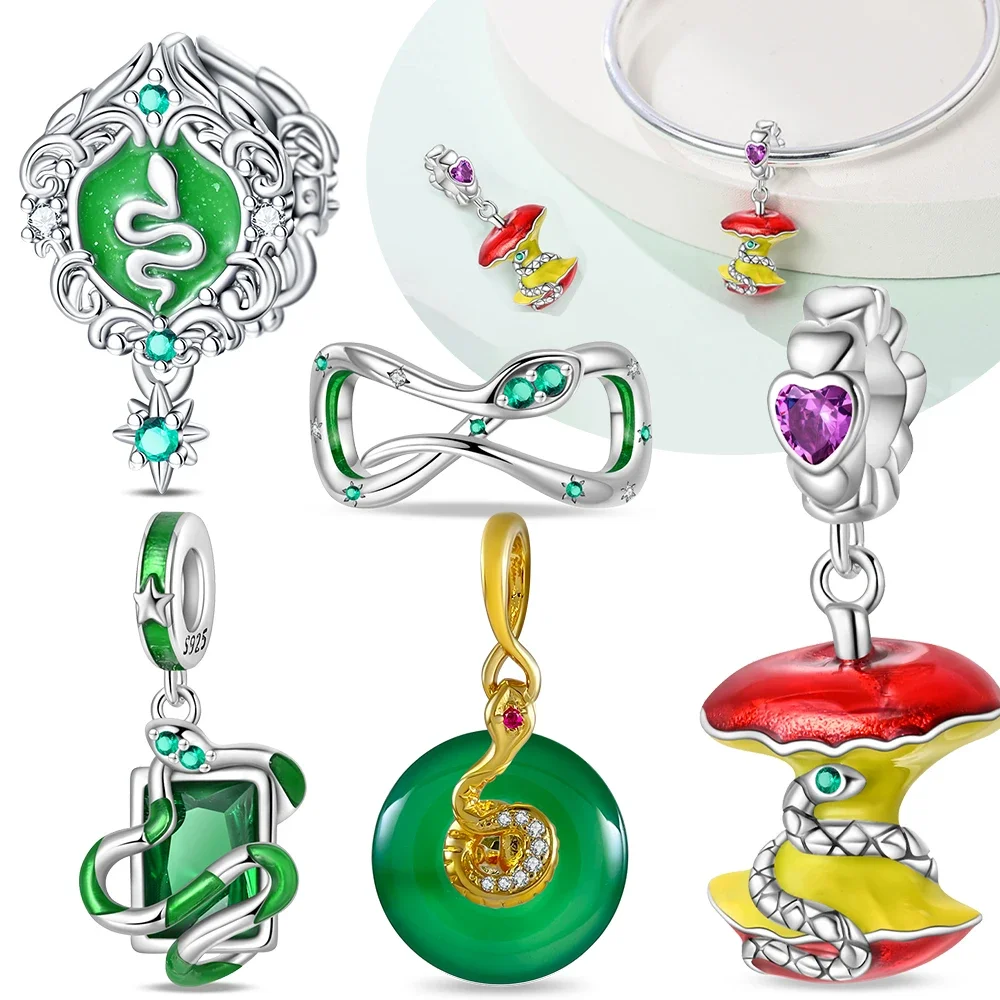 

925 Silver Original Charms Green Snake Glass Material Apple Beads Fit Bracelet Jewelry Making Up Women Necklace Gift