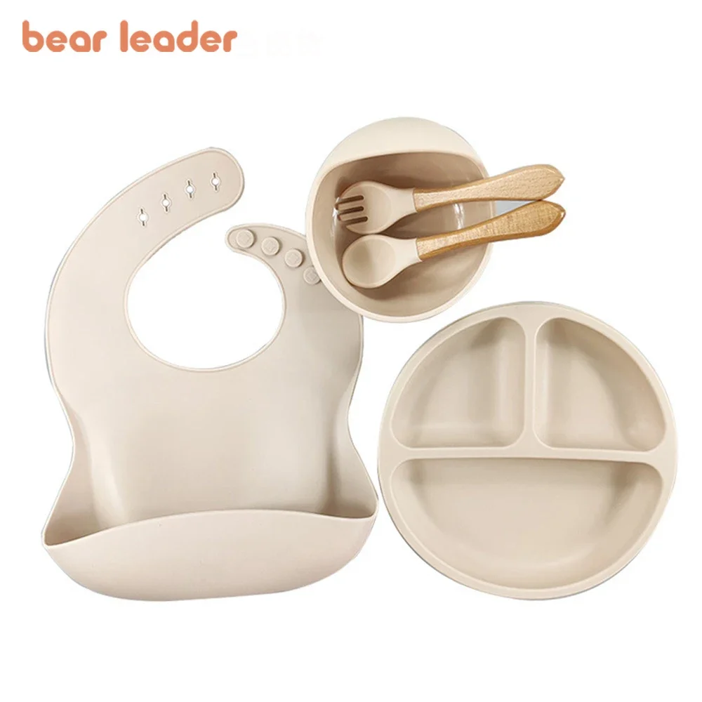 Bear Leader Baby Soft Silicone Sucker Bowl Plate Cup Bibs Spoon Fork Sets Non-slip Tableware Children's Feeding Dishes BPA Free