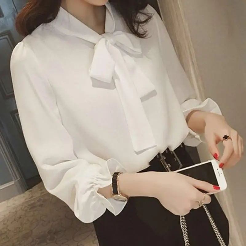 

Fashion Bow Spliced Flare Sleeve Oversized Chiffon Shirt 2022 Summer New Casual Tops Loose Elegant Women Clothing Commute Blouse