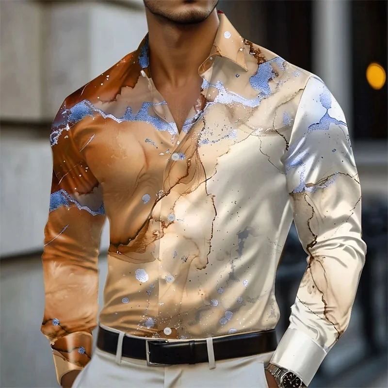 2025 Mens Geometric Marble Abstract Art Shirt Formal Shirt Long Sleeve Fashion Casual Vacation Lapel 3D Printed Button Shirt