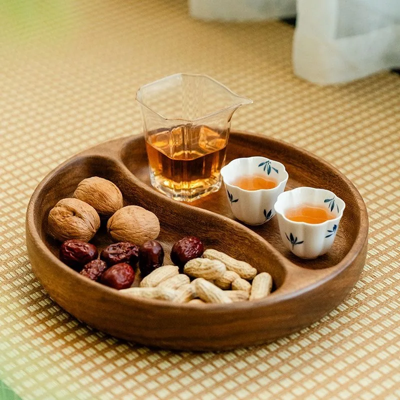 European Compartmentalized Fruit Plate Wooden Snack Platter Household Dessert Nut Storage Tray Round Wooden Tea Tray