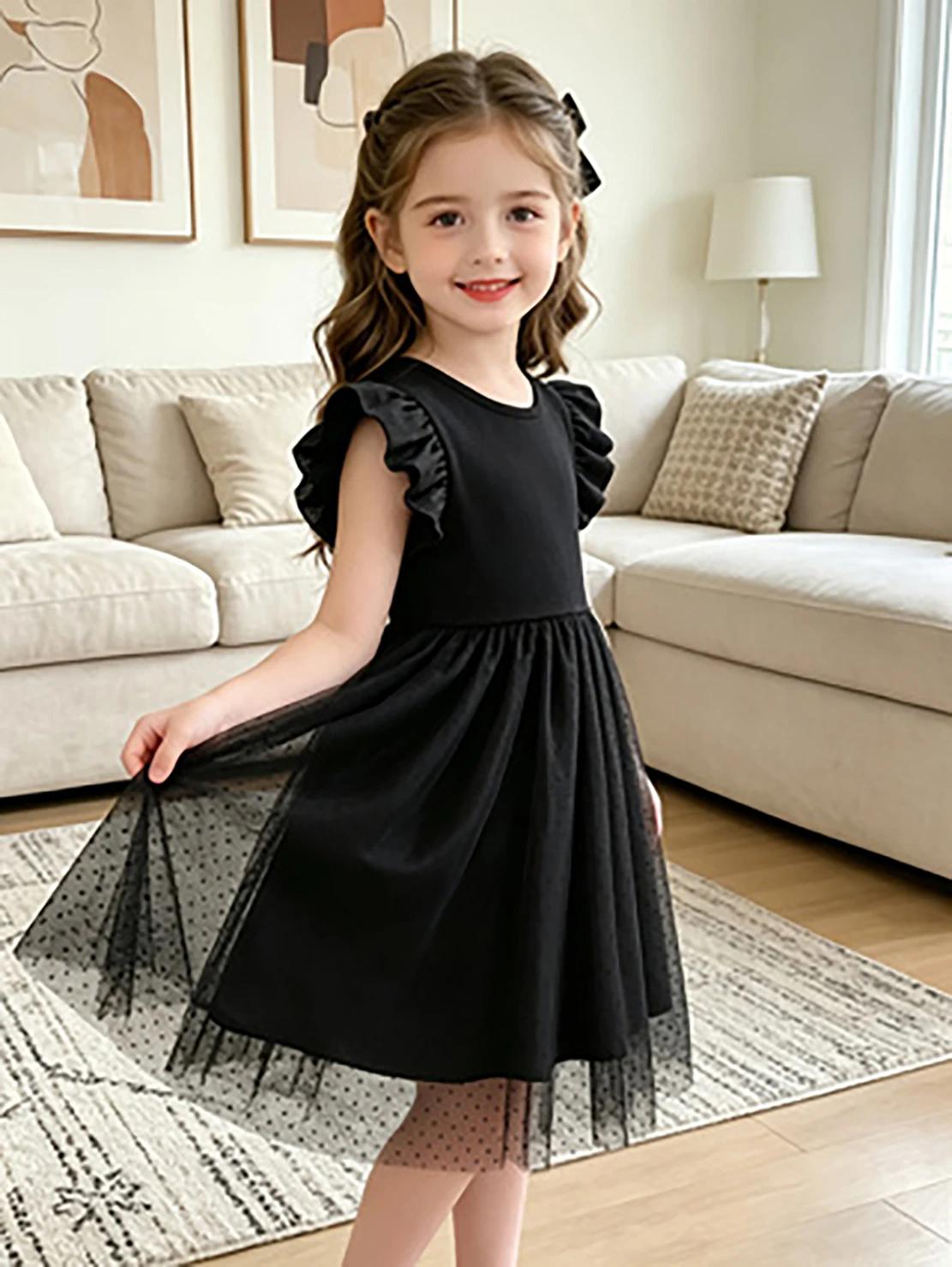Schwarzes Prinzessinnenkleid aus Tüll mit Punkten für Mädchen, Sommerkleid mit Flatterärmeln und bauschigem Rock, stilvolles formelles Kleid für Kinder – Detail 3