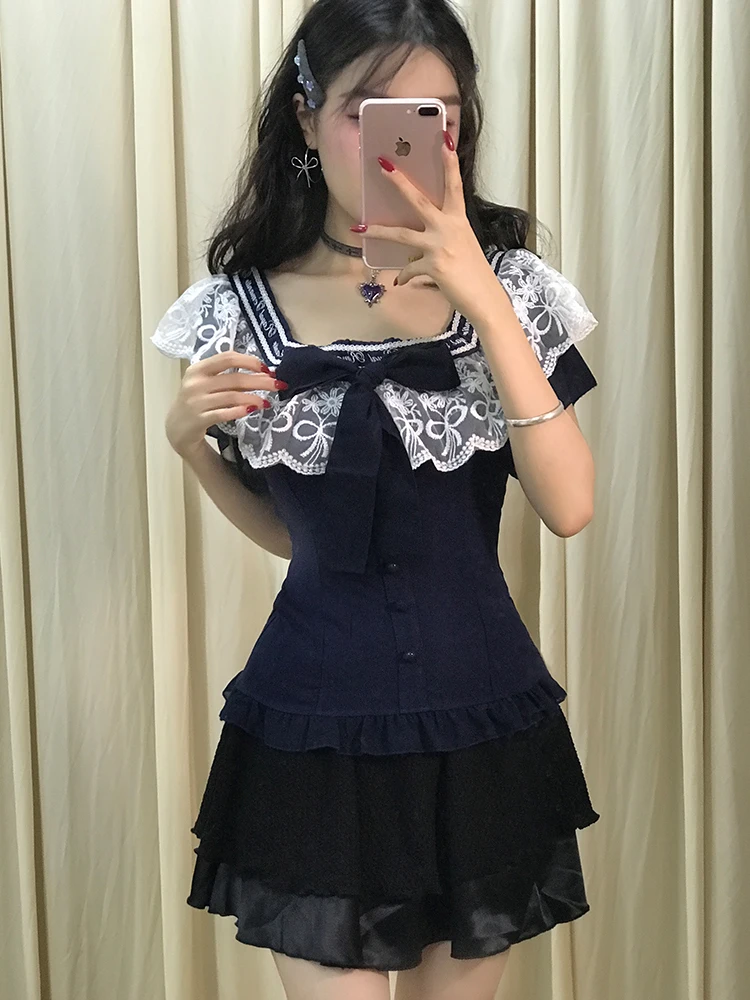 Sommer 2022, neue Spitze, Spleißen, quadratischer Kragen, Taille, Cinching-Top, hohe Taille, schlankmachender Rock, ort Dring, zweiteiliges Set für...