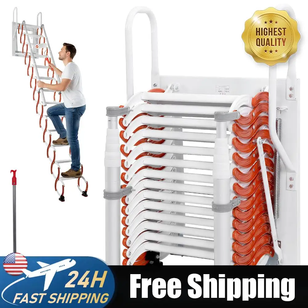 

Ceiling Mount Attic Ladder Pull Down Access Ladder Adjustable Tilt Angle (60°/65°/70°) S-Shaped Design for Rooftops Basements
