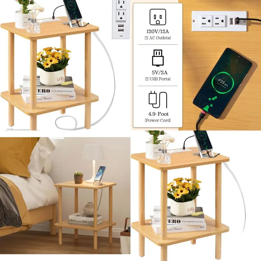 

Компактная зарядная станция-столик для гостиной, спальни и офиса, прикроватная тумбочка из массива дерева, готова к использованию