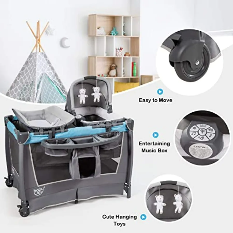 4-in-1 パックアンドプレイ（ベビーベッド付き）新生児用、青色の布製折りたたみ式デザイン、おむつ交換台、おむつ収納、音楽機能付き