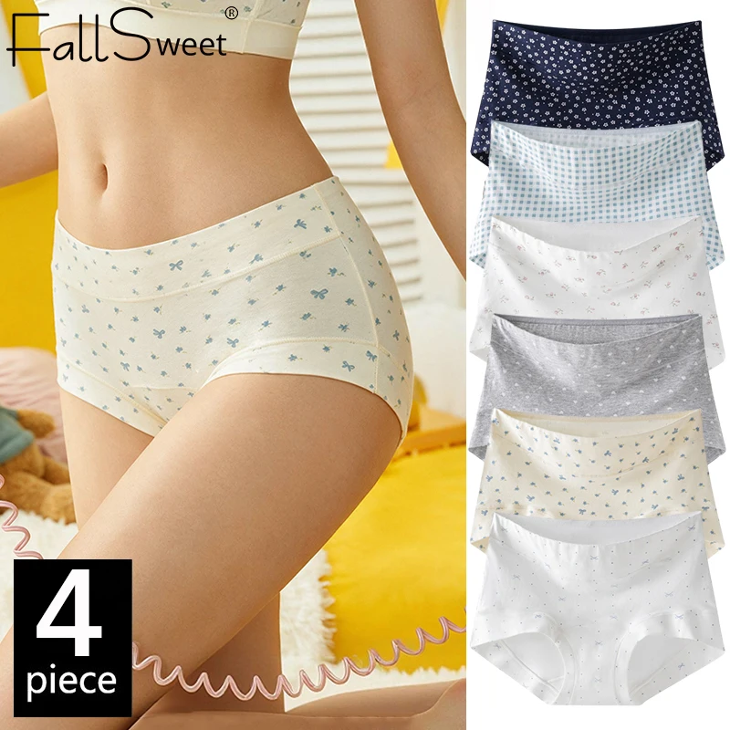FallSweet 4PCS Women Printed Cotton Panties Mid-Rise Safety Short Pants Briefs Breathable Butt Lifter Underpants Female Lingerie