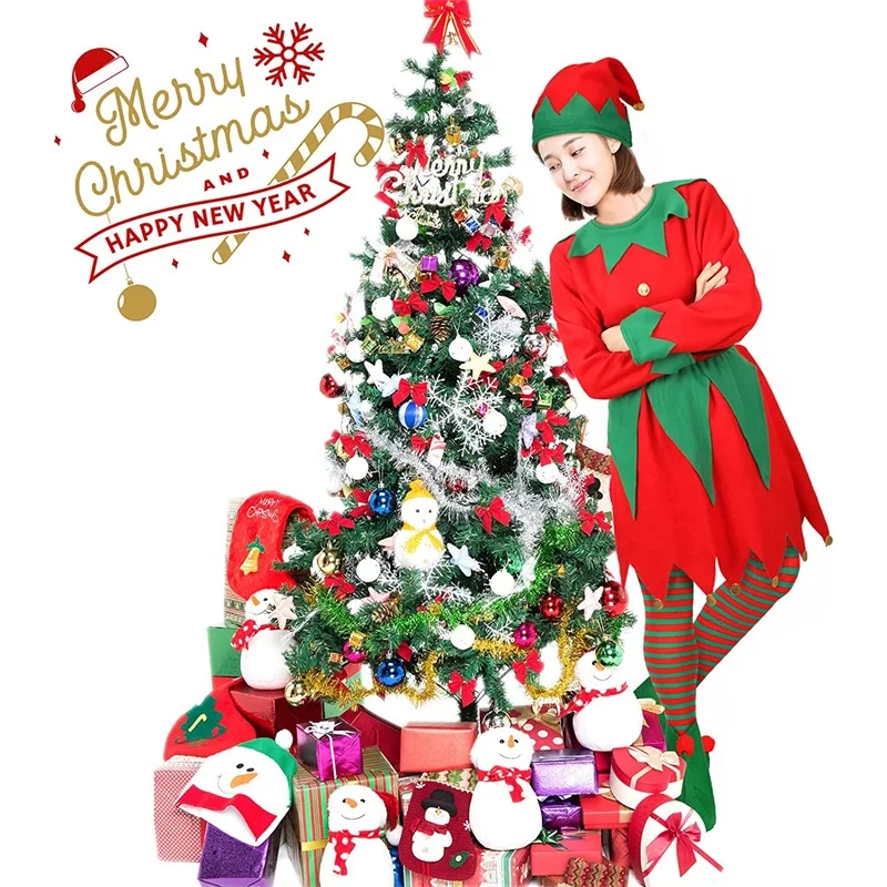 Christmas Elf Costumes Long Sleeve Dress and Belt Hat Shoes for Women Girl Party Role-Playing Cosplay