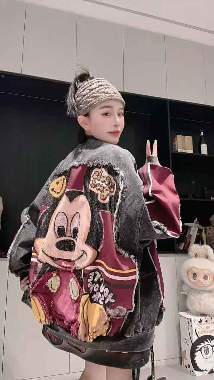 2025 봄과 가을 신상 캐주얼 데님 재킷 여성용 루즈 패션 다용도 보이프렌드 스타일 만화 재킷 스트리트 패셔니스타