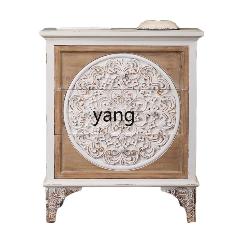 

Yjq Carved Solid Wood Living Room Entrance Cabinet Distressed Bed & Breakfast Bedside Short Leg Side Cabinet Storage Storage