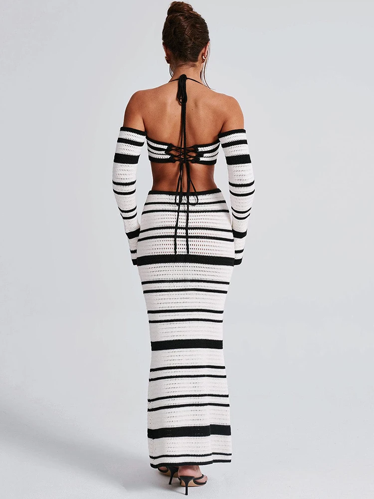 Mozision Striped Knit Skirt Two Piece Sets Women Strapless Long Sleeve Crop Tops And Maxi Skirt Sexy Two Piece Sets Knitwear