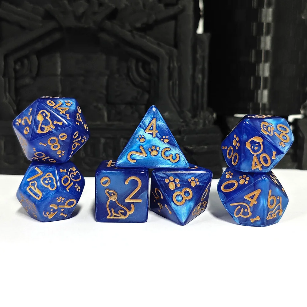 Sapphire Pearl Acrylic Dice Set,7Pcs Polyhedral DND RPG Dice with Gold Puppy Paw & Bone Carving for Dungeons & Dragons,TRPG