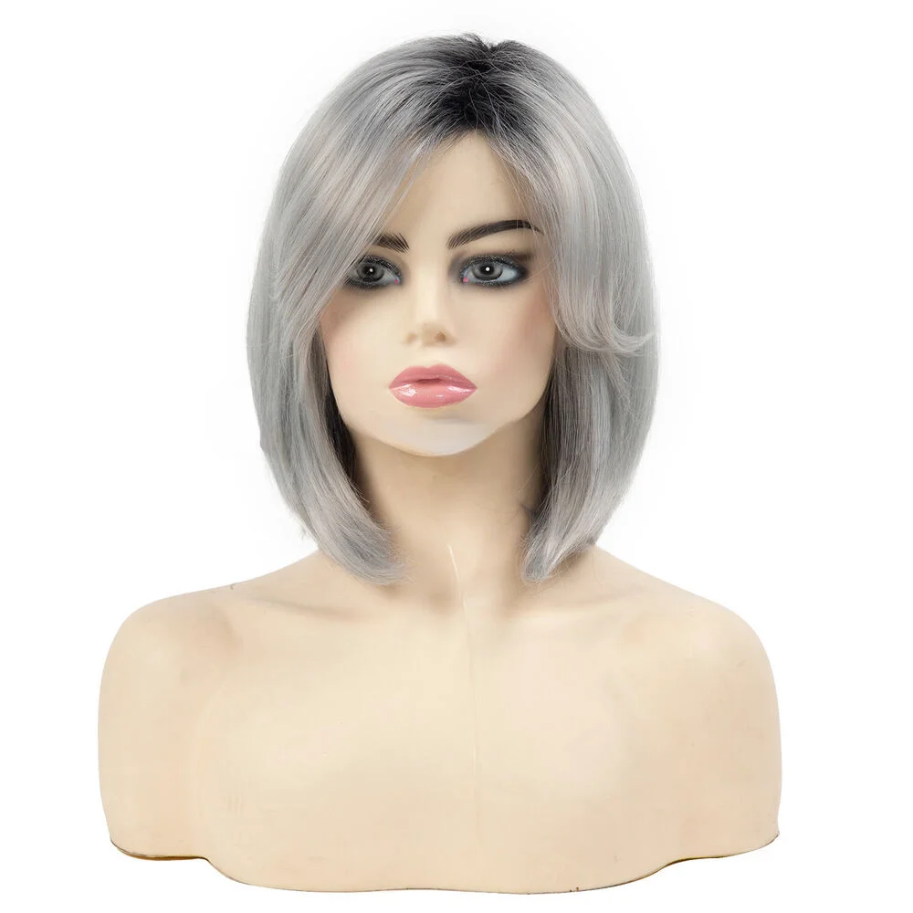 

Short Bob Dark Roots Gray Silver Synthetic Hair Natural Wigs