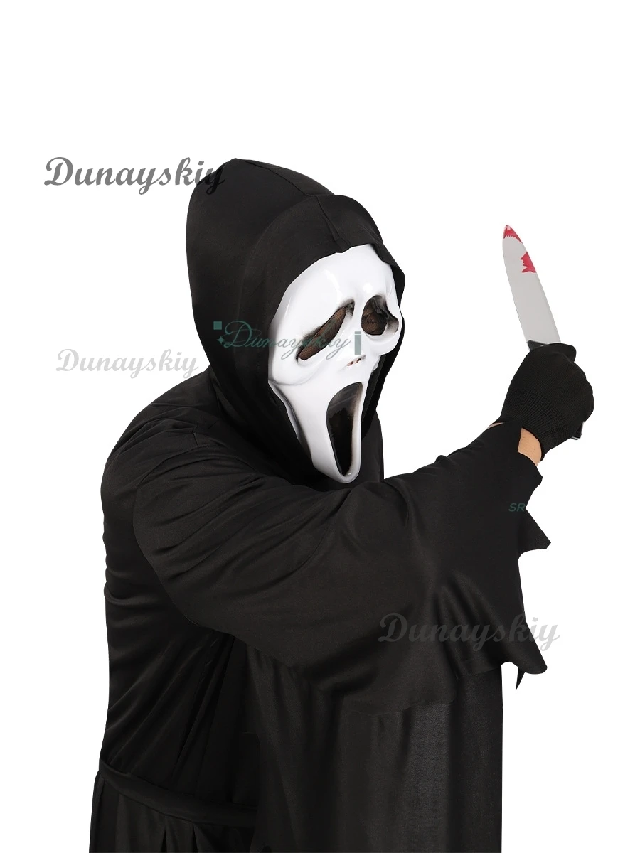 الصراخ GhostFace تأثيري حلي قناع الجمجمة أسود طويل رداء هالوين الرعب حفلة الكبار طفل فستان بتصميم حالم