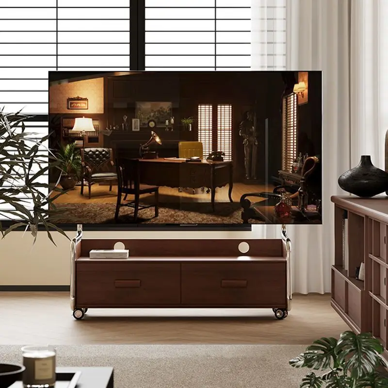 Solid Wood TV Stand, Living Room Home Floor Cabinet Creative Movable with Wheel Hanger