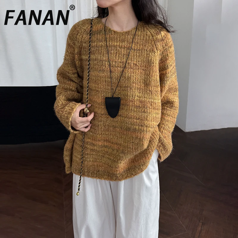 

FANAN винтажный вязаный пуловер, свитер для женщин, повседневные свободные топы с круглым вырезом и длинными рукавами, офисная женская одежда, новинка осени 2023 г.