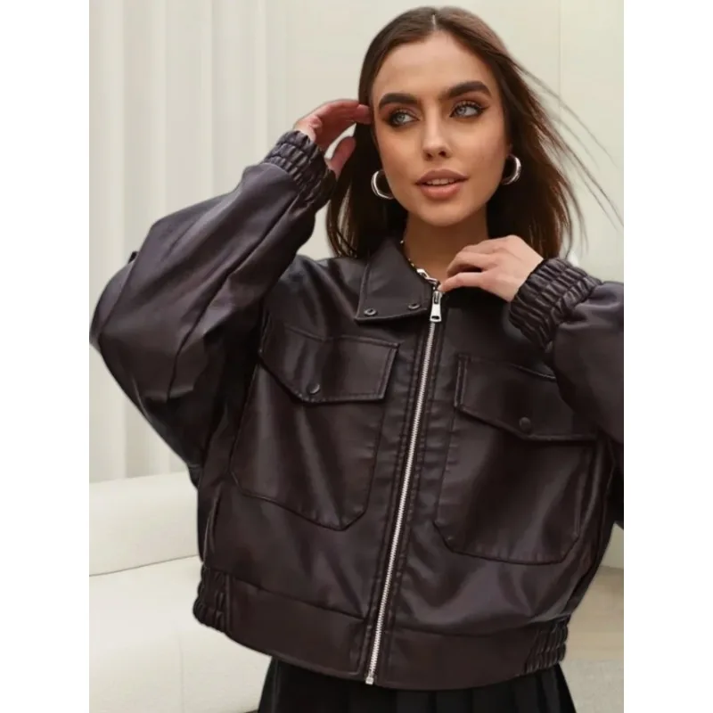 Women's Autumn Spring Top Coat Imitation Leather Cardigan Lapel Pocket Long Sleeve Retro Simple Casual Design Niche Versatile