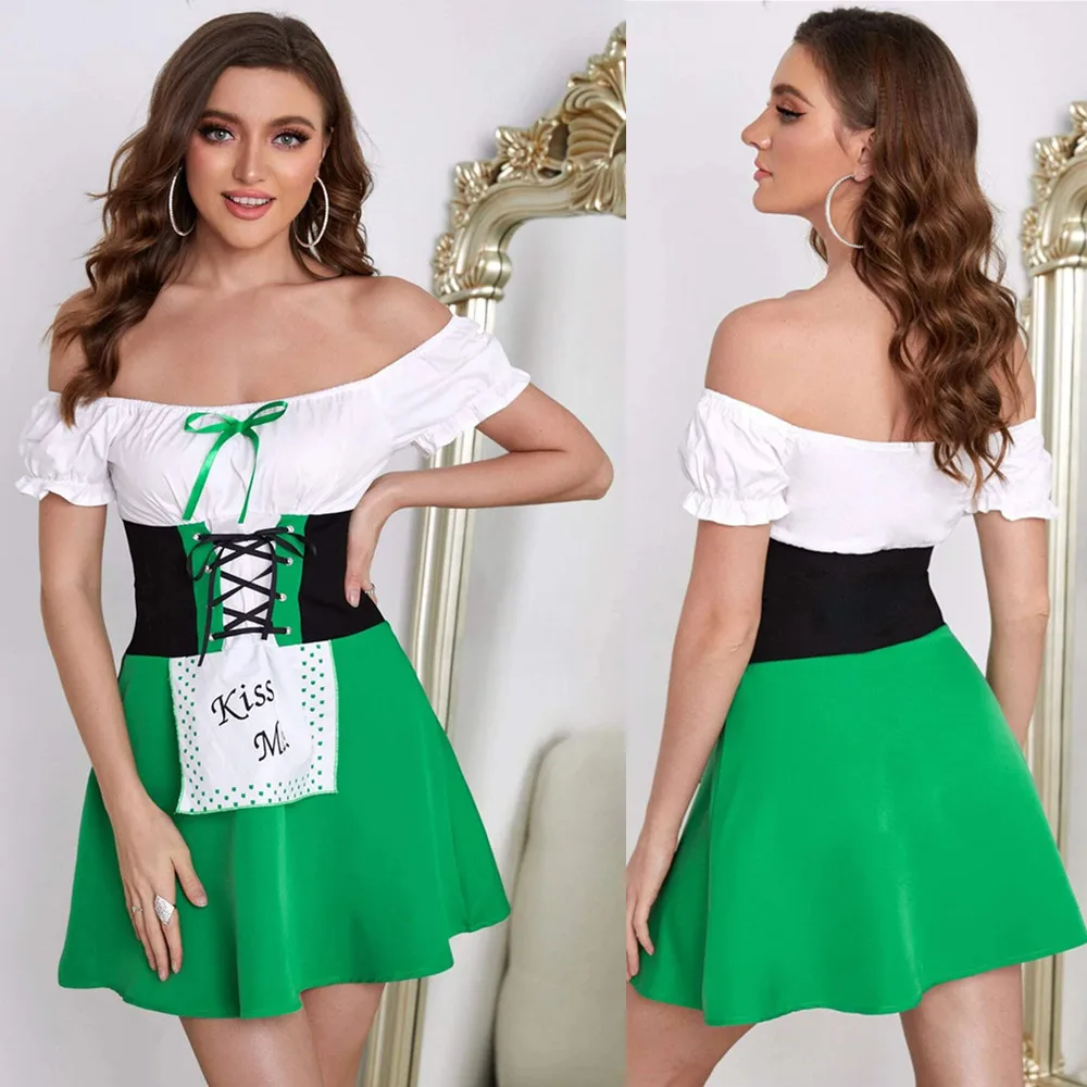 Women's Irish Ethnic Festive Dirndl Dress Green Beer Maid Oktoberfest Costume Halloween Carnival Party Cosplay Fancy Dress