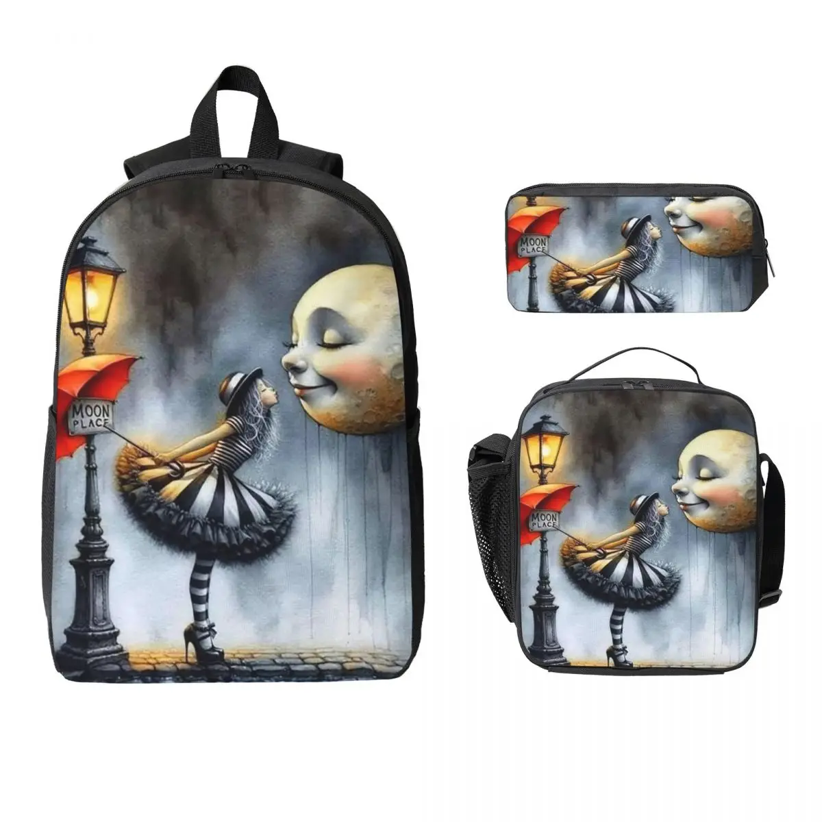 Gothic Girl Kiss Smiling Moon Backpack Student BookBag School Bag Laptop Shoulder Bags 3ps Insulated Lunch Bag Pencil Case