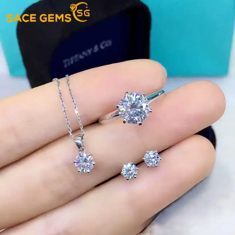 SACEGEMS 4ct Moissanite Jewelry Set 925Sterling Silver Ring Earrings Necklace 3Piece Set Fine Jewelry Wedding Party Wedding Sets