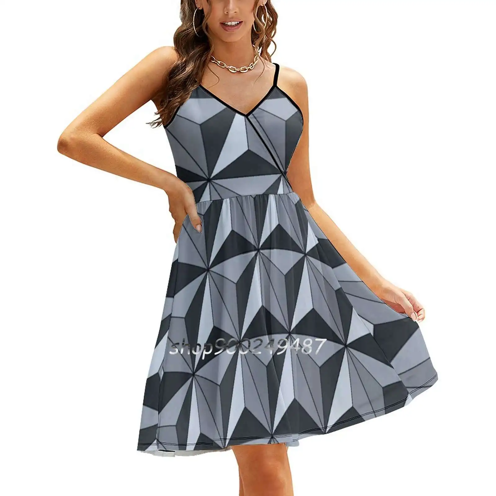 

Spaceship Earth-Silver New Summer Cut Sexy Dresses Ladies Club Wear Party Sundresses Spaceship Earth Pattern Triangles World