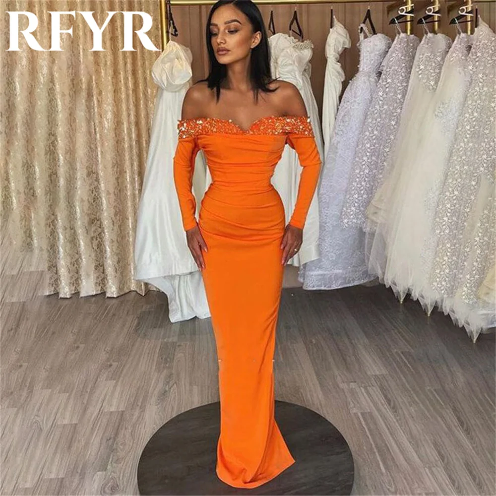 

RFYR Orange Evening Dress for Party Satin Scoop Off the Shoulder Pleats Prom Gowns Sequins Trumpet Celebrity Dress Customized