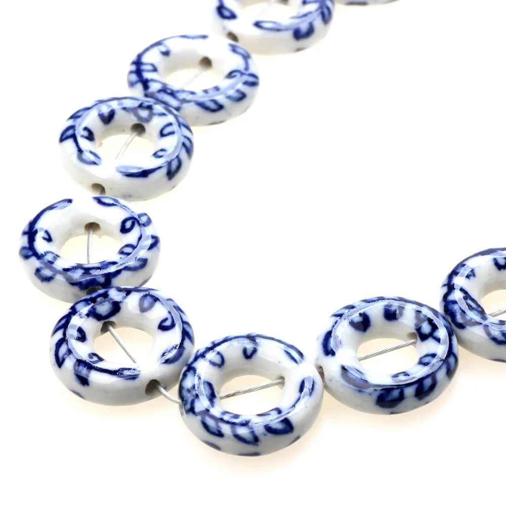 6Pcs/Lot 18MM Ceramic Loose Bead Blue And White Double Hole Nostalgia DIY Bracelet Necklace Earrings For Women Jewelry Making