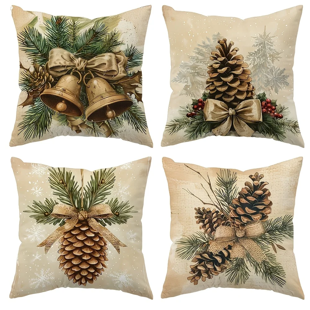 4Pcs Double‑Sided Christmas Pillow Covers, Christmas Bell Bow Pine Cone Print Zipper Cushion Cases for Sofa Bed Holiday Decor