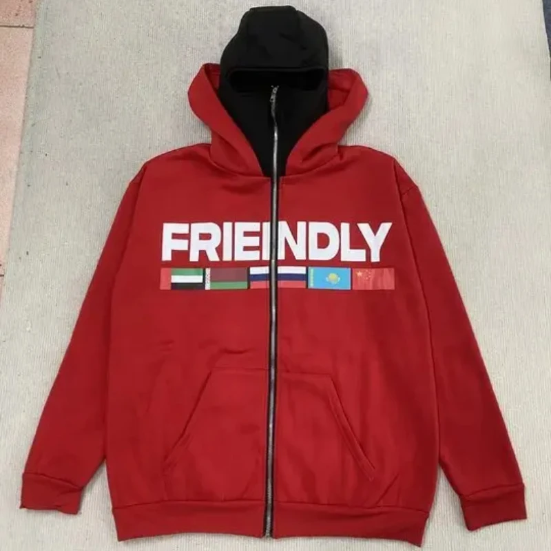 겨울 유럽 및 미국 레터 플래그 프린트 캐주얼 후드티 Y2K 스트리트웨어 패셔너블 남녀 공용 더블 햇 마스크 후드티