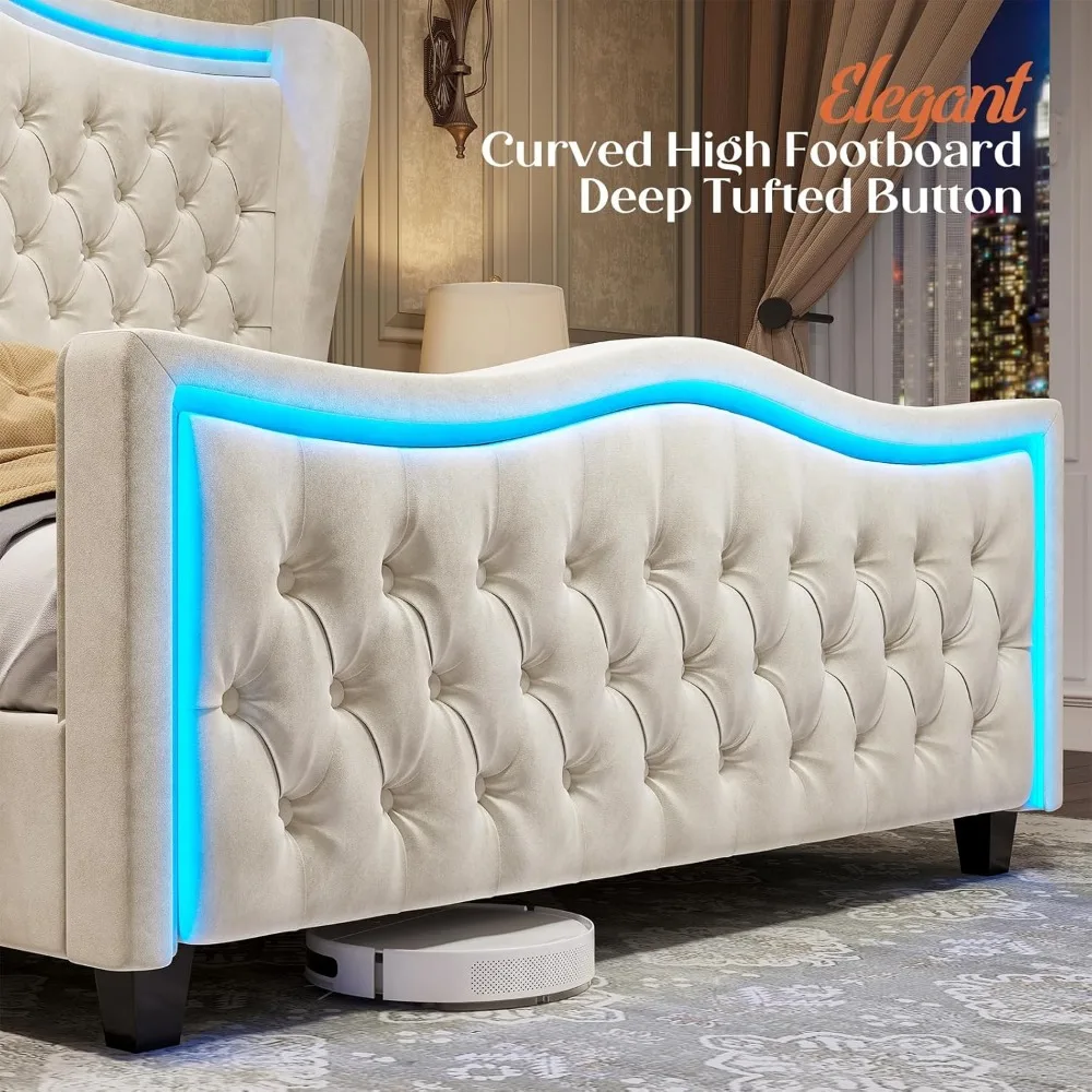 Bed Frame with LED Lights, Bed with Deep Button Tufted Headboard, Queen Size Bed Frame