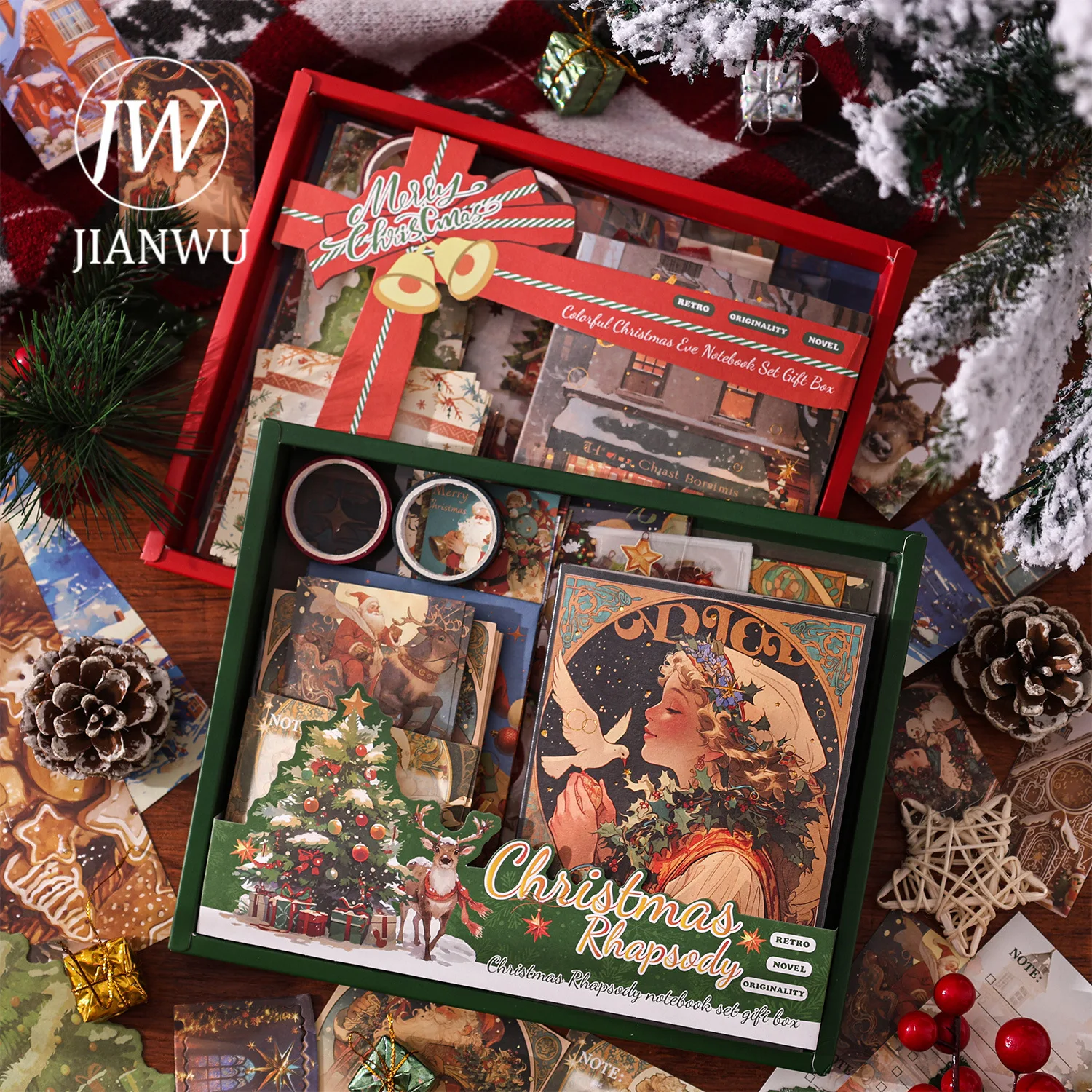 JIANWU Neon Seri Natal Vintage Festival Pohon Santa Claus Lanskap Bahan Kolase Kotak Hadiah Alat Tulis Jurnal Kreatif