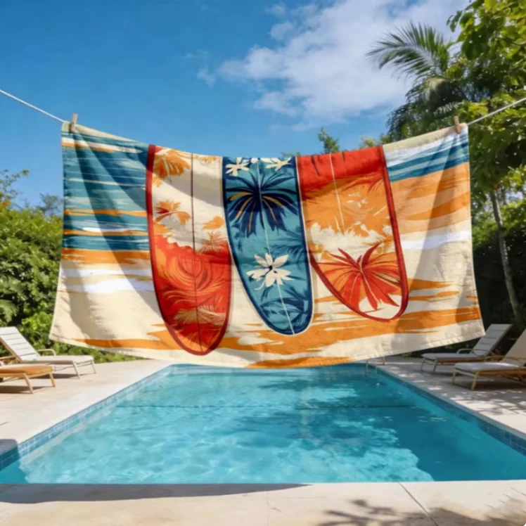 Oversized Microfiber Beach Towel, Surfboard Tropical Print, Quick Dry Sand Free for Summer