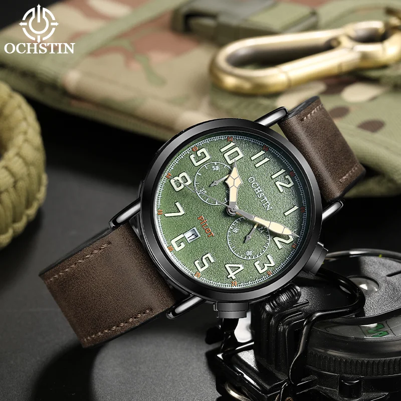 OCHSTIN Pilot Chronograph Watch For Men Genuine Leather Strap Hardened Mineral Glass Waterproof Gentleman Fashion Quartz Clock