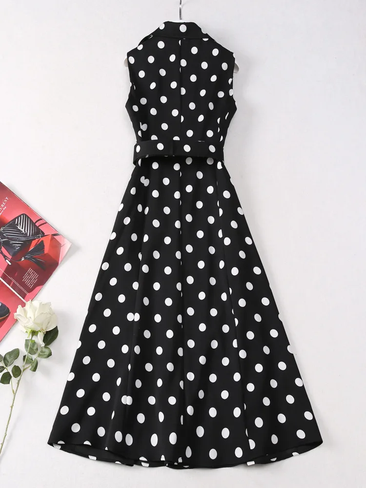 JUNLINNA Summer Fashion Runway Dress Turn-down Collar Sleeveless Dot Printing High Street Vestidos Waist Sashes Slims