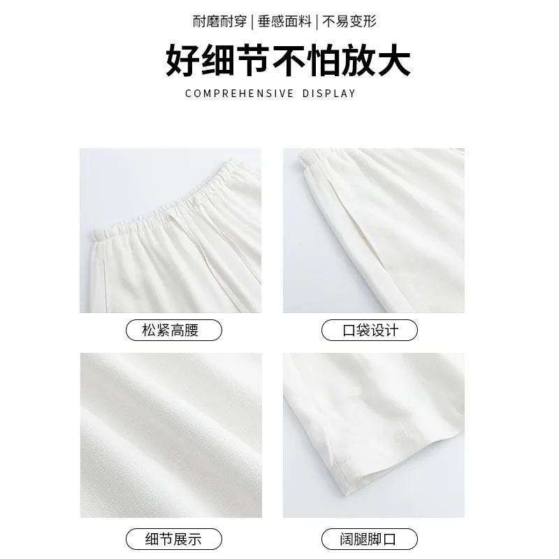 شورت كتان أبيض مغسول للنساء Summer2025 خفيف الوزن للتخسيس غير رسمي بنطال ذو قصة أرجل واسعة فضفاض من القطن والكتان بنطال بخمس نقاط