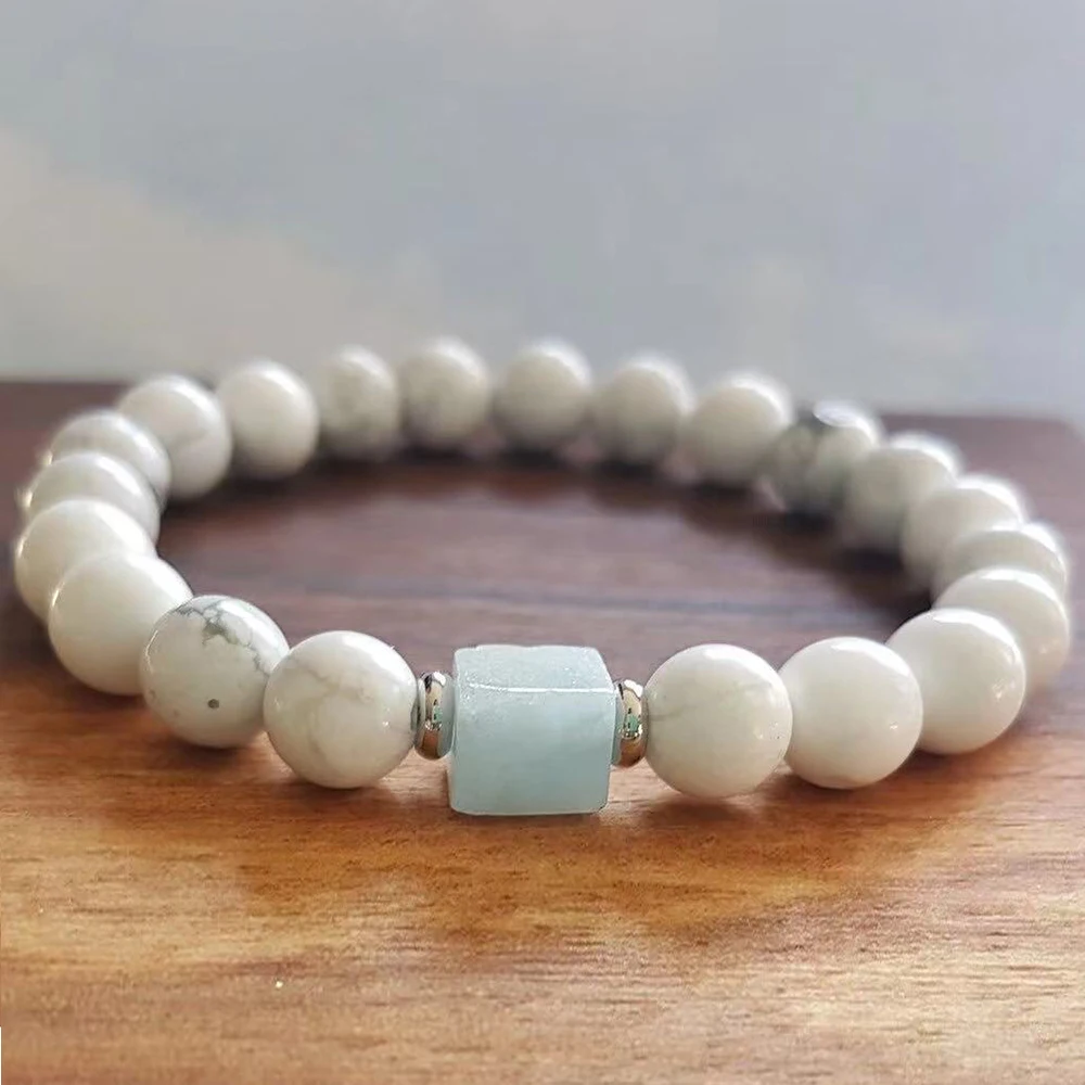 MG2137 Raw Aquamarine 8 MM White Howlite Bracelet Womens Gemstones Beaded Energy Protection Wrist Mala