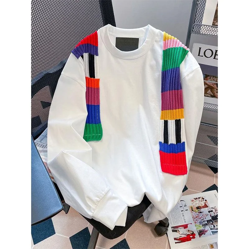 Female Spring Summer Korean Fashion Simplicity Patchwork Solid Color O-neck Women Clothes All-match Appear Thin Long Sleevetops